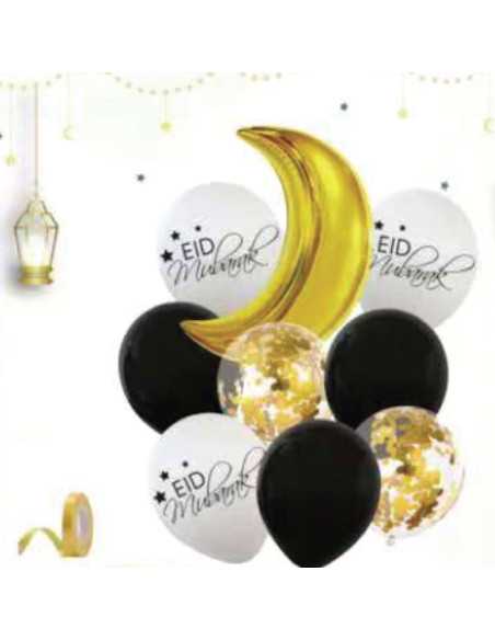 Assortiment De Ballons Eid Mubarak Noir - Or - Blanc