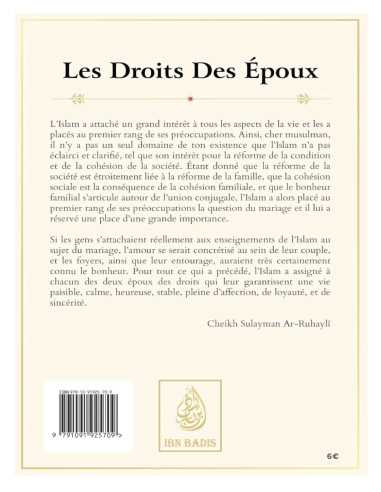Couverture arrière du livre les droits des épouc édition Ibn badis