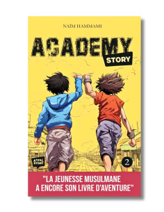 Couverture du livre Academy Story Tome 2 de l'édition Atfal Story. Deux garçons marchent le point levé